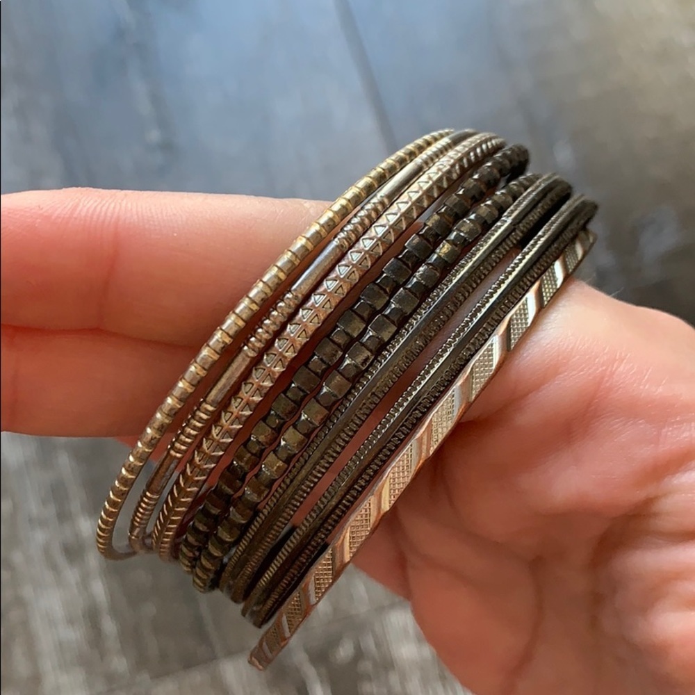 Mixed Metal Textured Bangle Bracelet Set - Boho Stack (9 Pieces)
